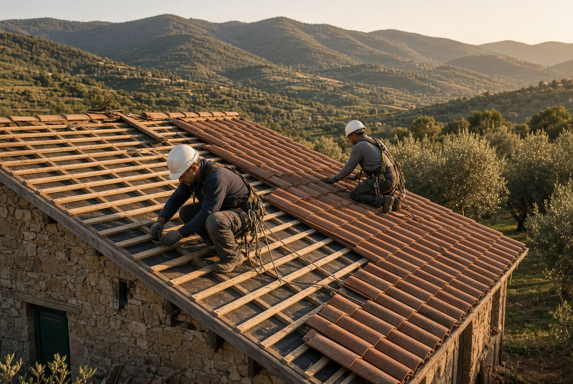 Posa tegole su tetto in pietra nei Monti Lepini